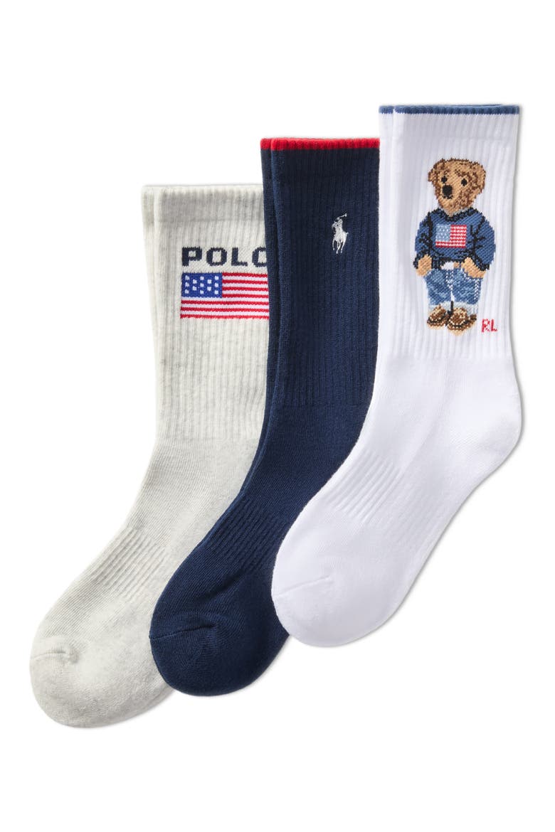 Assorted 3-Pack Bear, Polo & Pony Crew Socks, Main, color, WHITE/ ASSORTED