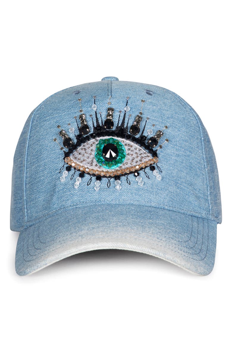 Kurt Geiger London Evil Eye Denim Baseball Cap, Main, color, 