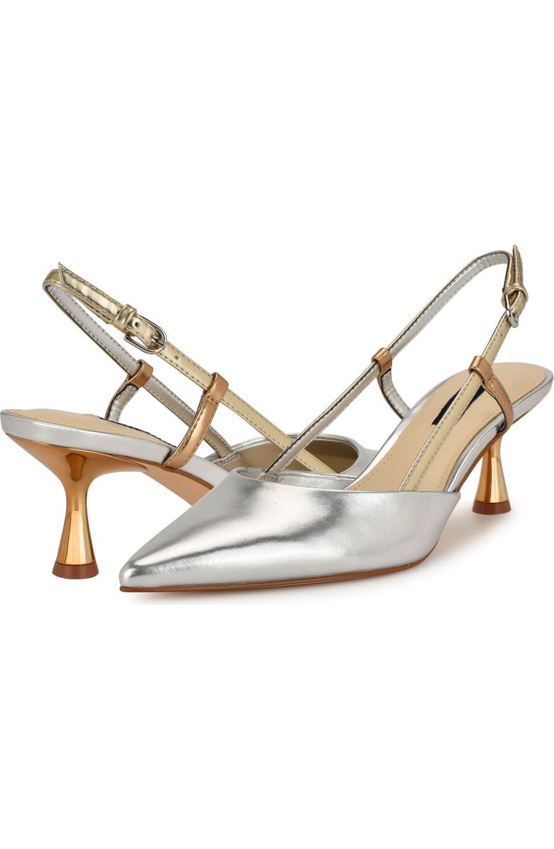 Nine West Rhonda Slingback Pointed Toe Kitten Heel Pump, Alternate, color, Silver/Gold