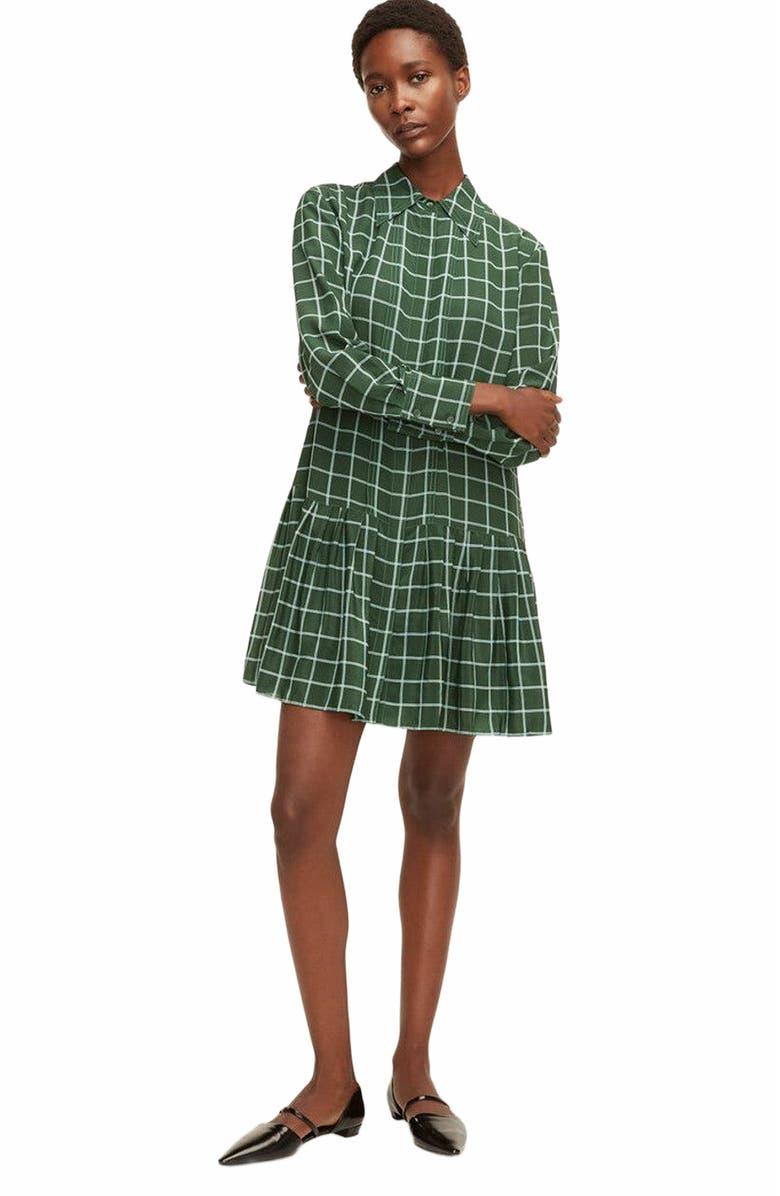 Rebecca Taylor Windowpane Silk Pleated Shirt Dress, Alternate, color, Jasper Green Combo