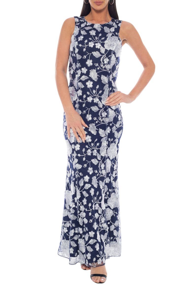 Floral Embroidery Sleeveless Midi Dress, Main, color, NAVY/ SILVER