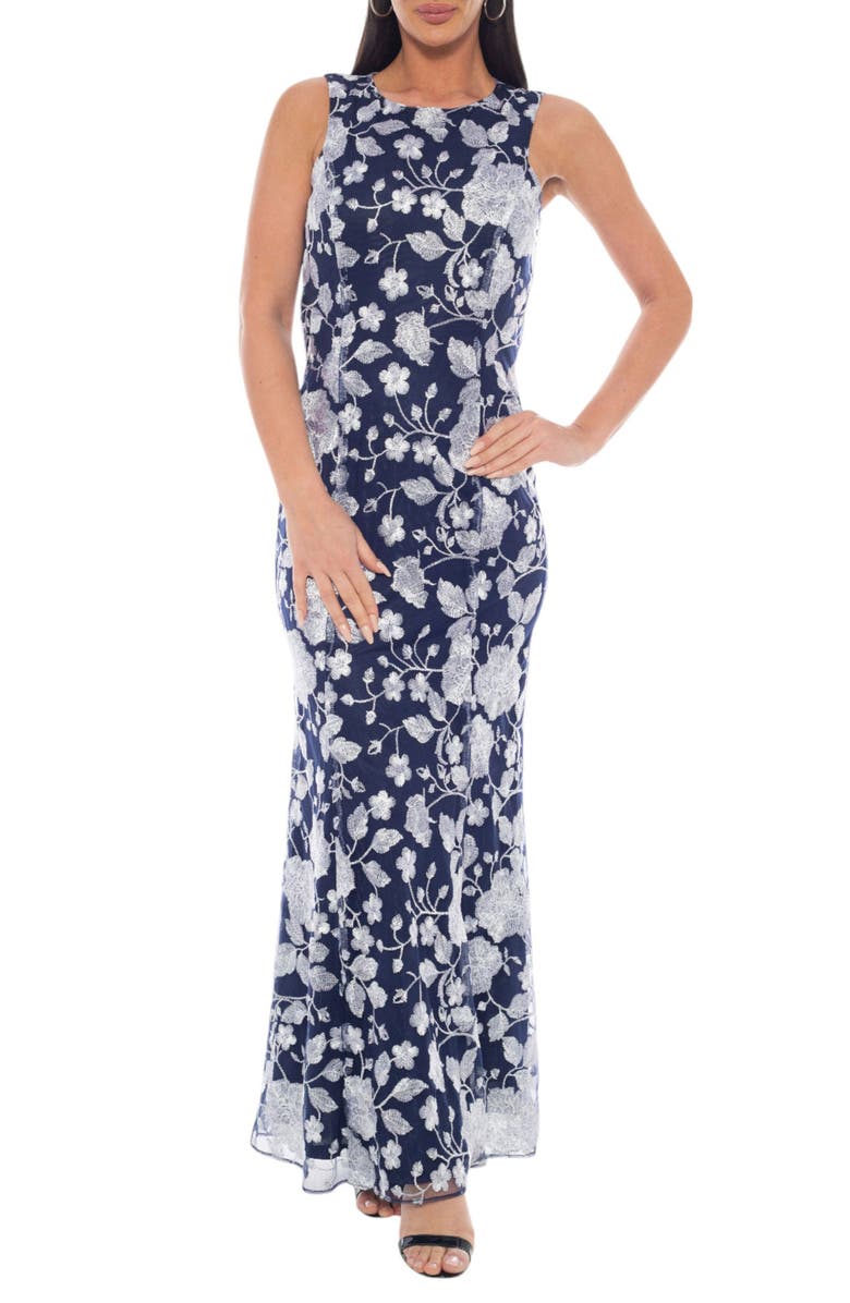 Oleg Cassini Floral Embroidery Sleeveless Midi Dress, Main, color, Navy/ Silver