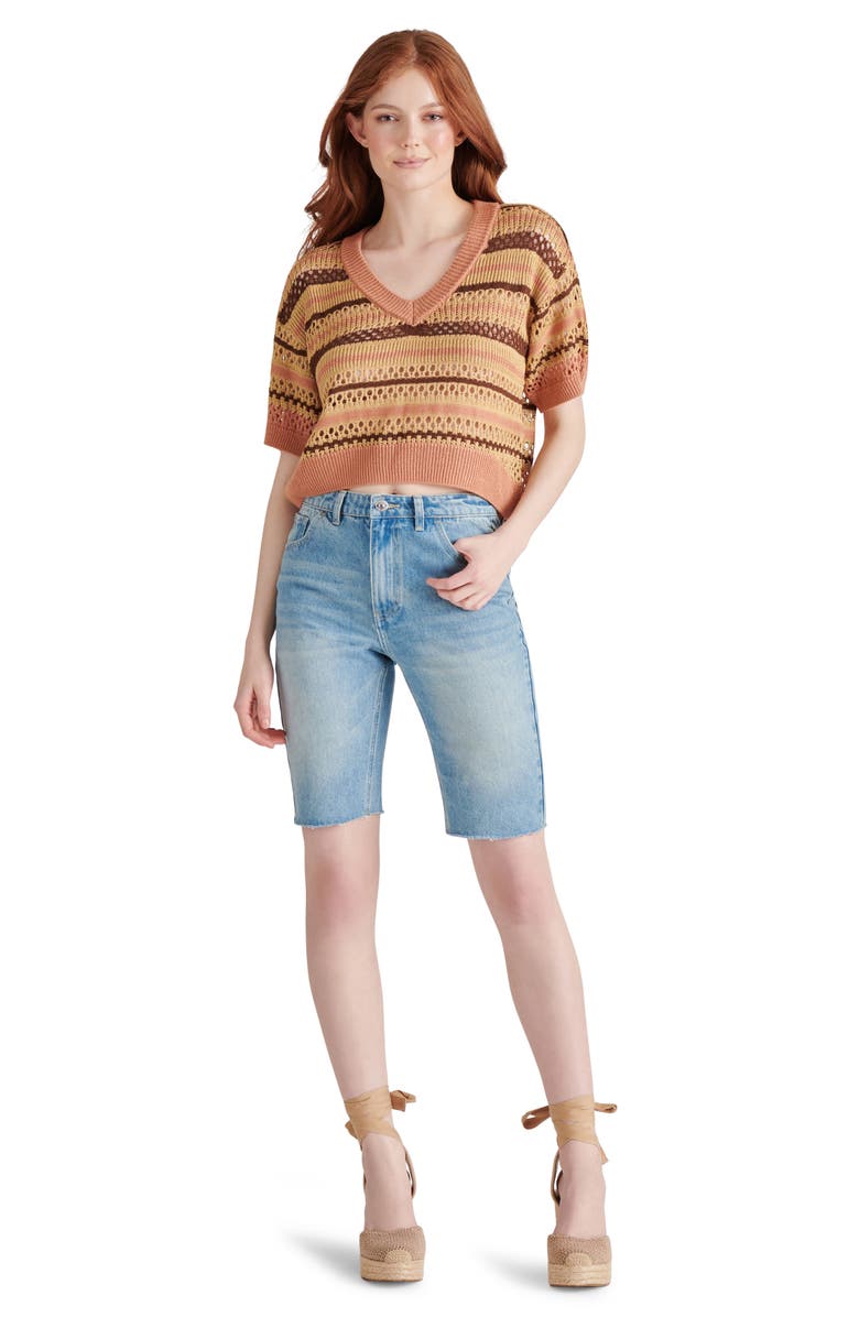 Steve Madden Noreen Stripe Mixed Stitch Short Sleeve Cotton Sweater, Alternate, color, Multi
