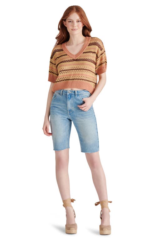 Steve Madden Noreen Stripe Mixed Stitch Short Sleeve Cotton Sweater In Multi