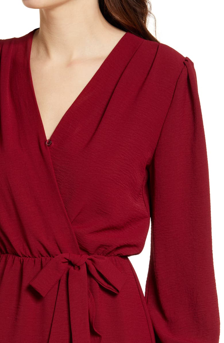 Fraiche by J Faux Wrap Ruffle Long Sleeve Dress, Alternate, color, Wine