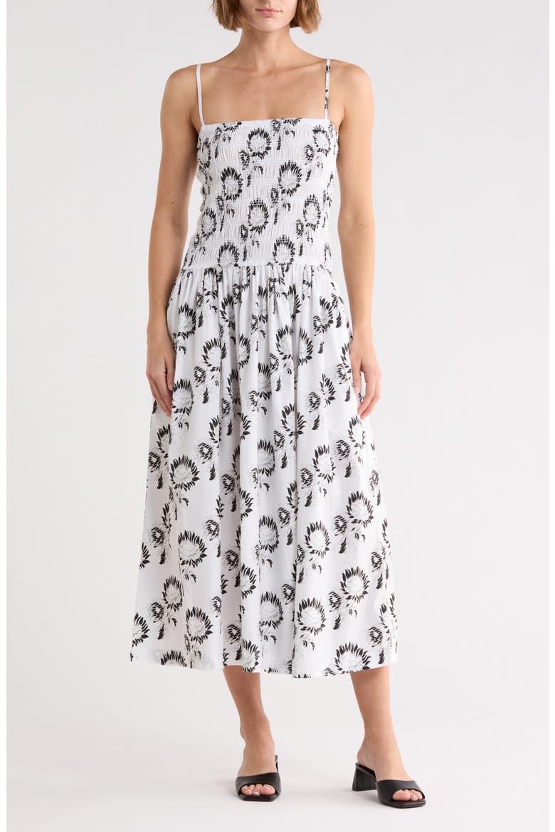 Peony Smocked Cotton Midi Sundress, Main, color, GRAPHIC SUNFLOWERS WHITE