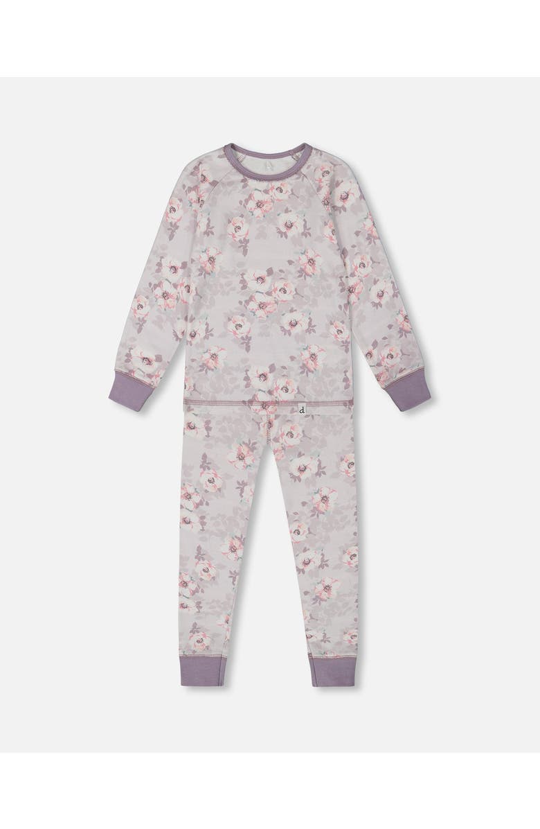 Deux par Deux Girl's Printed Organic Cotton Long Sleeve Top And Pant Pajama Set Pale Pink Flowers On Neutral Lilac, Main, color,