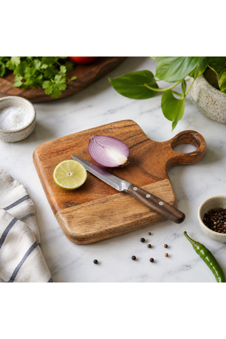 Round Acacia Wood Cutting Board with Handle, Alternate, color, Natural Wood