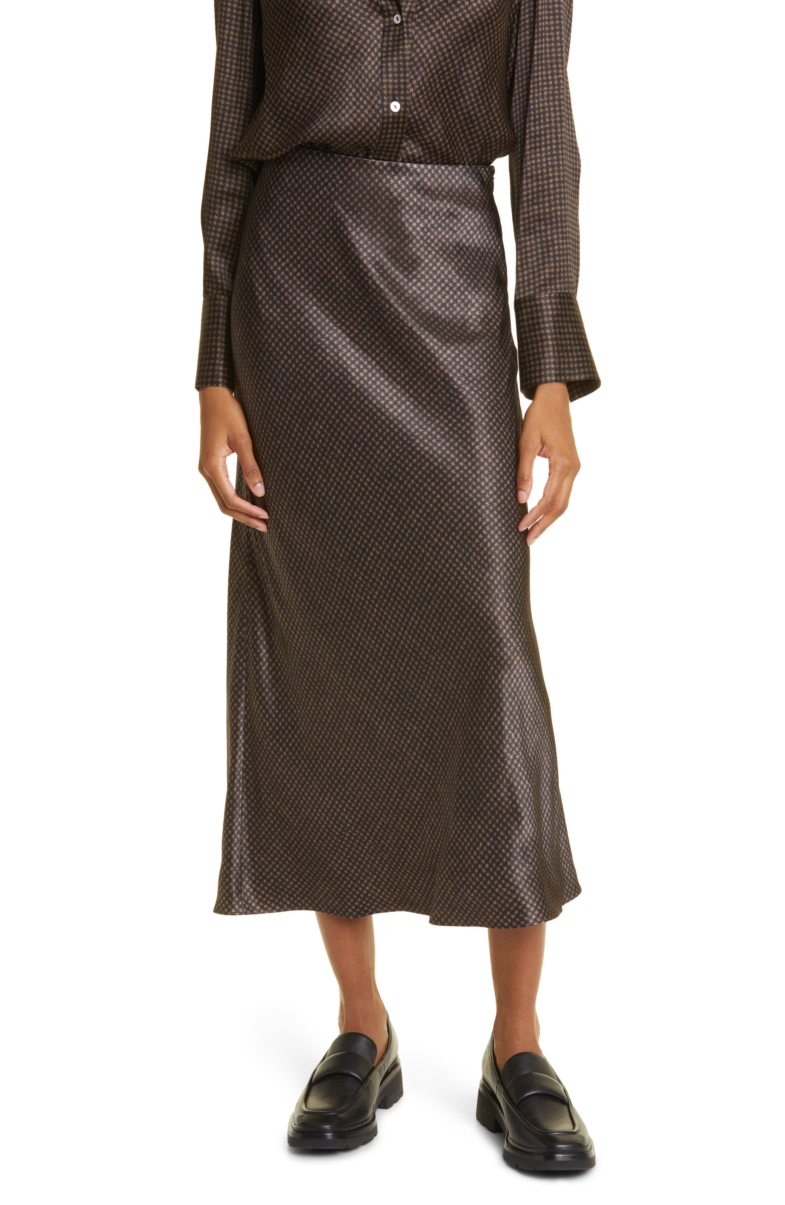 Vince Brushed Houndstooth Check Satin Slip Skirt
