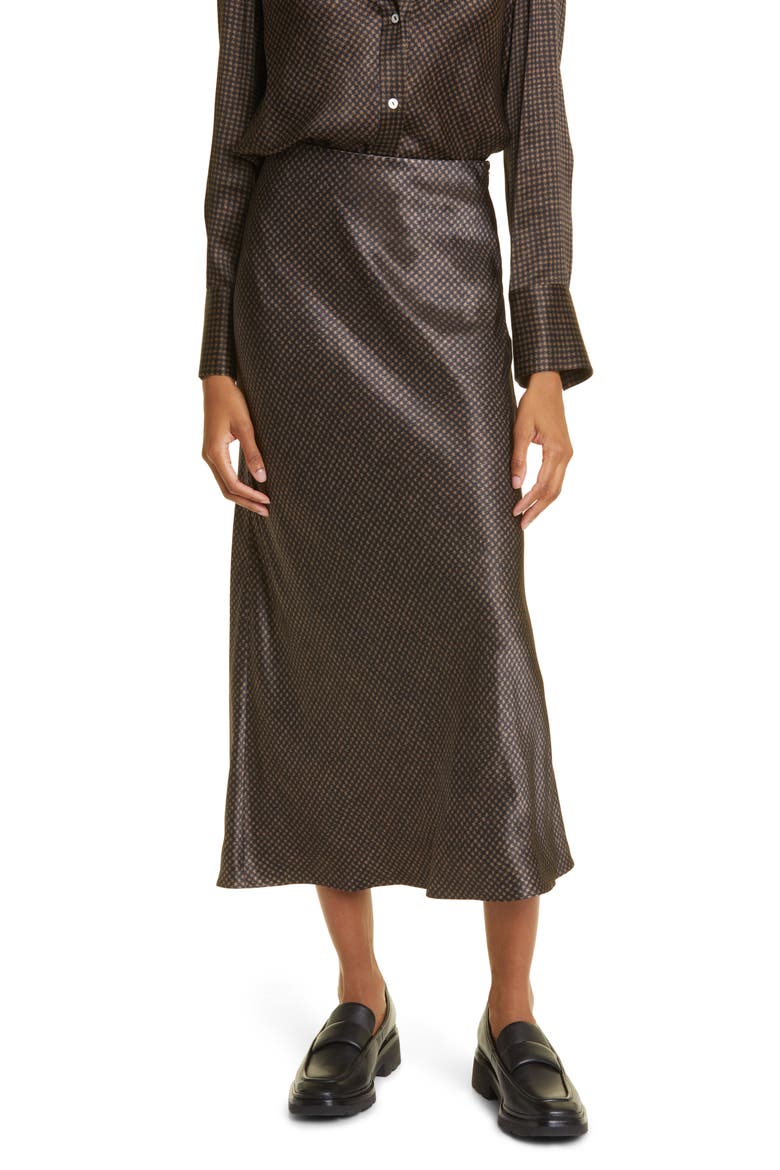 Brushed Houndstooth Check Satin Slip Skirt, Main, color, BLACK/CAMEL
