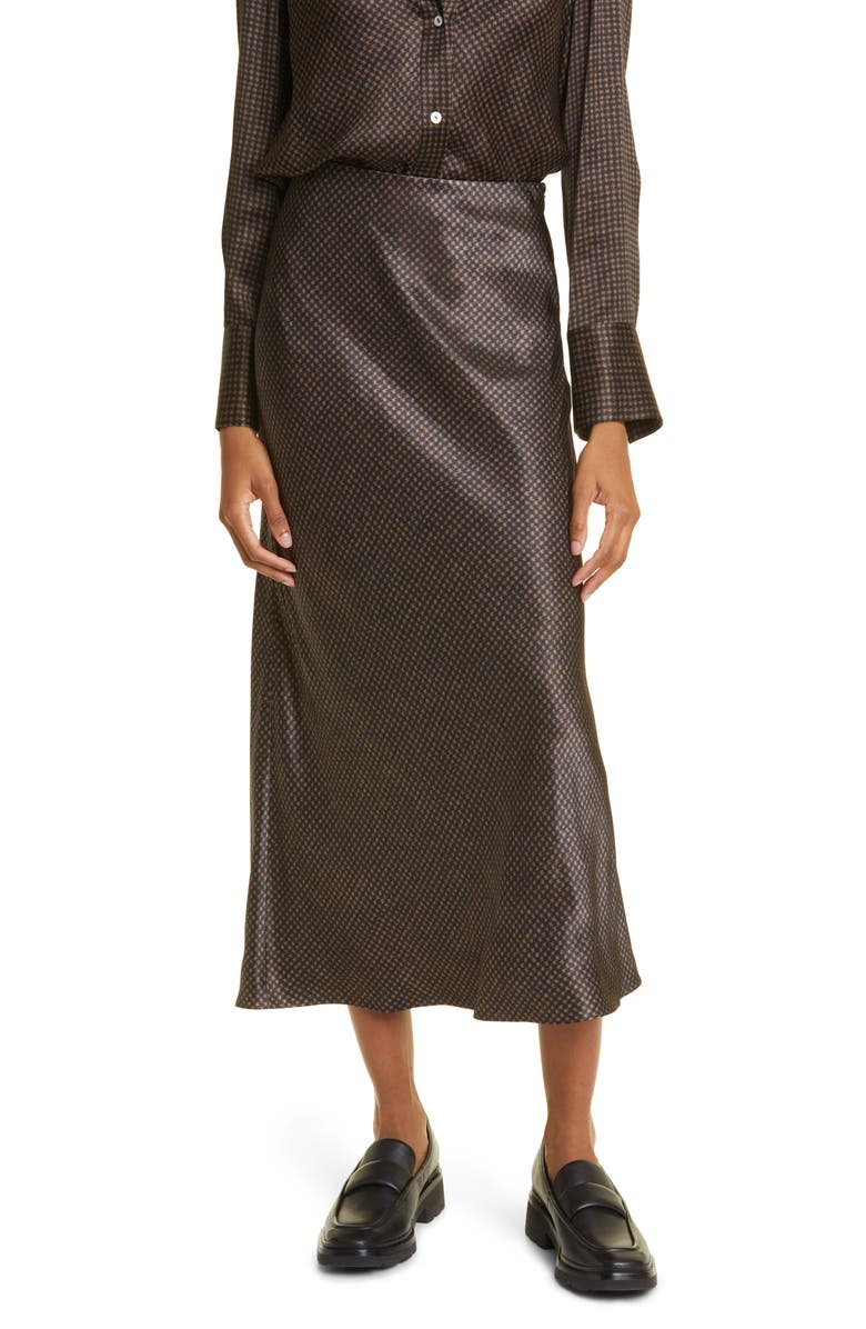 Vince Brushed Houndstooth Check Satin Slip Skirt, Main, color, Black/Camel