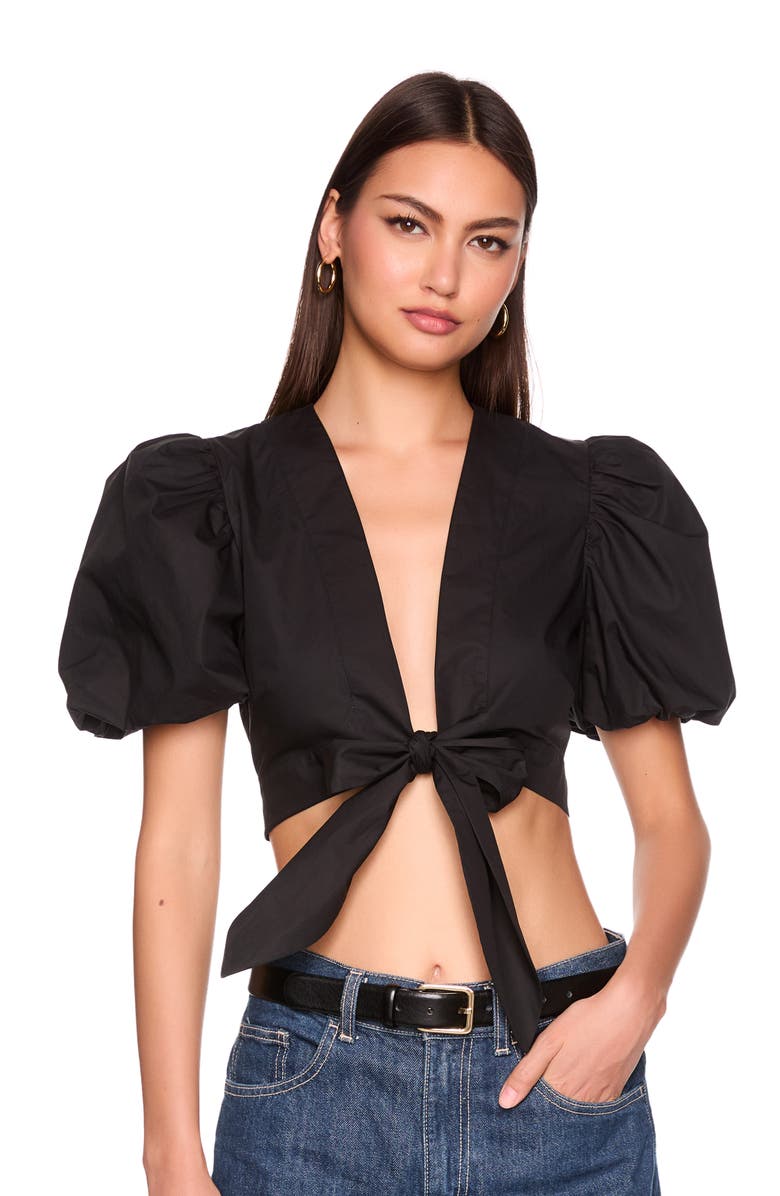 Susana Monaco Bubble Sleeve Tie Front Cotton Poplin Top, Alternate, color, 