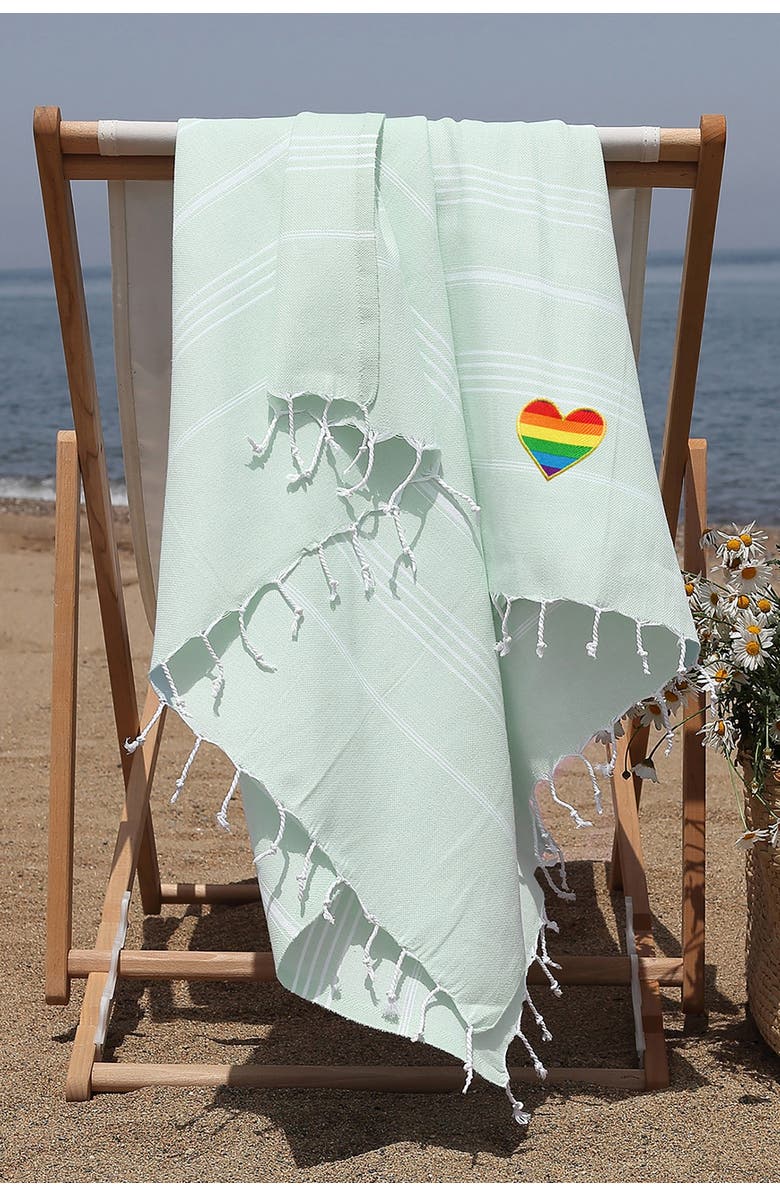 Linum Home Textiles 100% Turkish Cotton Lucky Cheerful Rainbow Heart Pestemal Beach Towel - Soft Aqua, Alternate, color, 