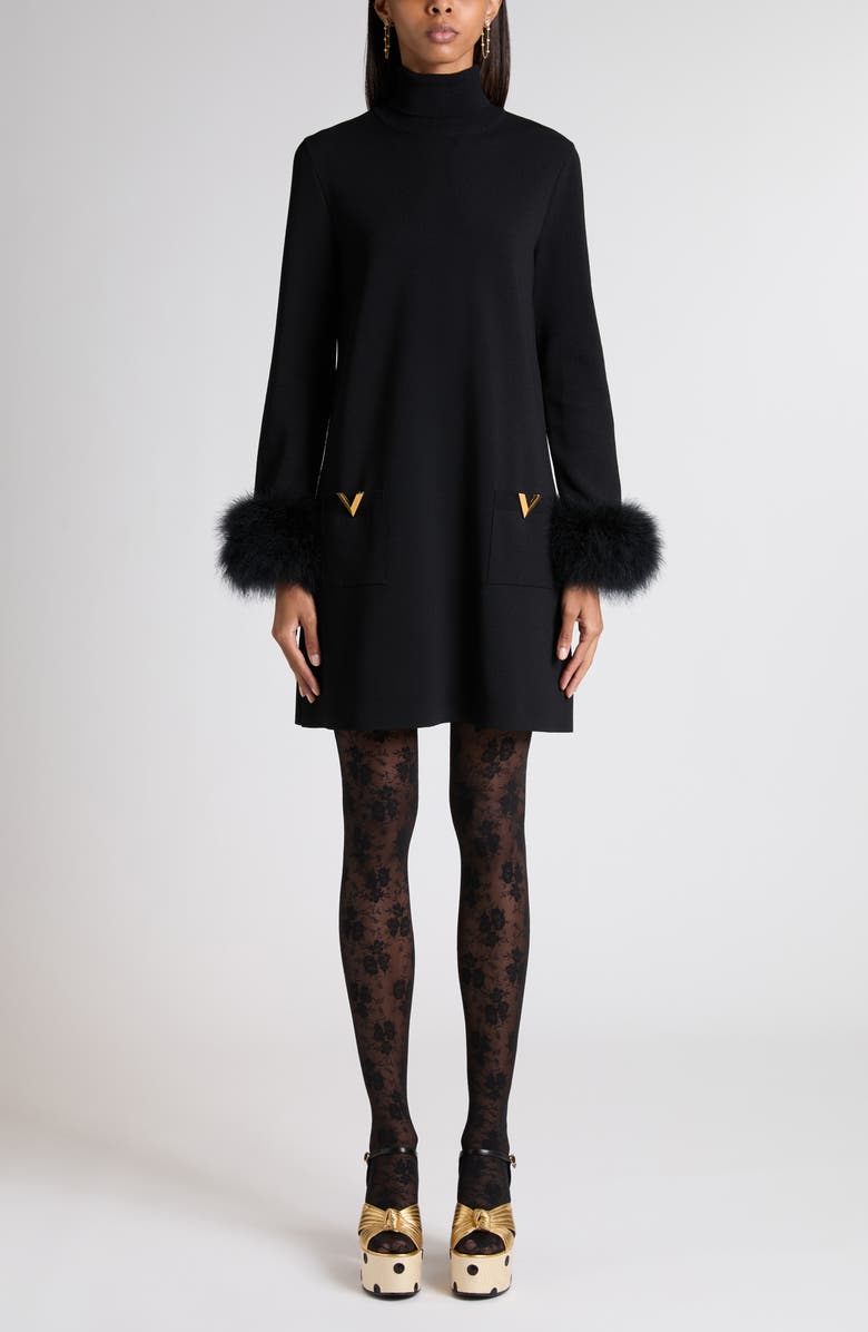 Valentino Feather Trim Long Sleeve Sweater Minidress, Main, color, Black