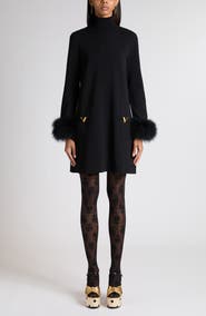Valentino Feather Trim Long Sleeve Sweater Minidress