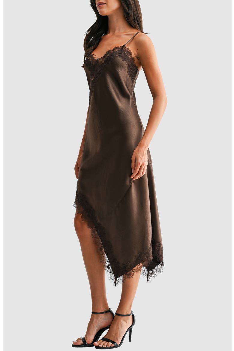 Asymmetric Lace Hem Satin Midi Dress, Alternate, color, CHOCOLATE