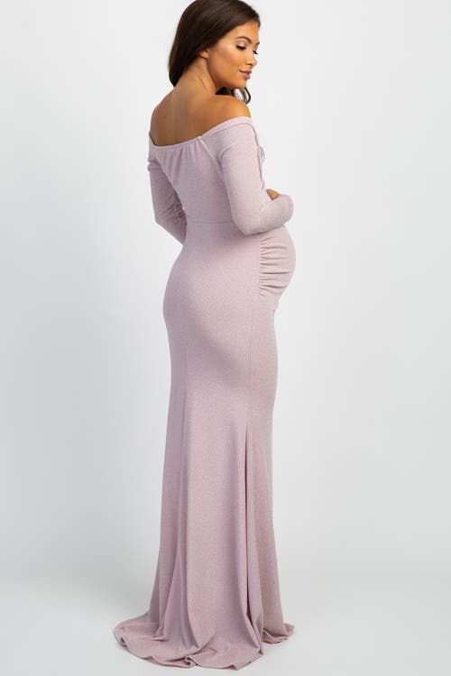 Pinkblush Off Shoulder Long Sleeve Wrap Maternity Photoshoot Gown/dress In Pink