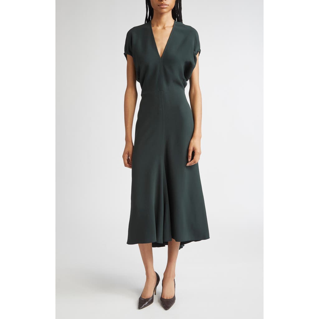 Victoria Beckham Green Midi Dress With Ruched Sleeves And V Neck In Black