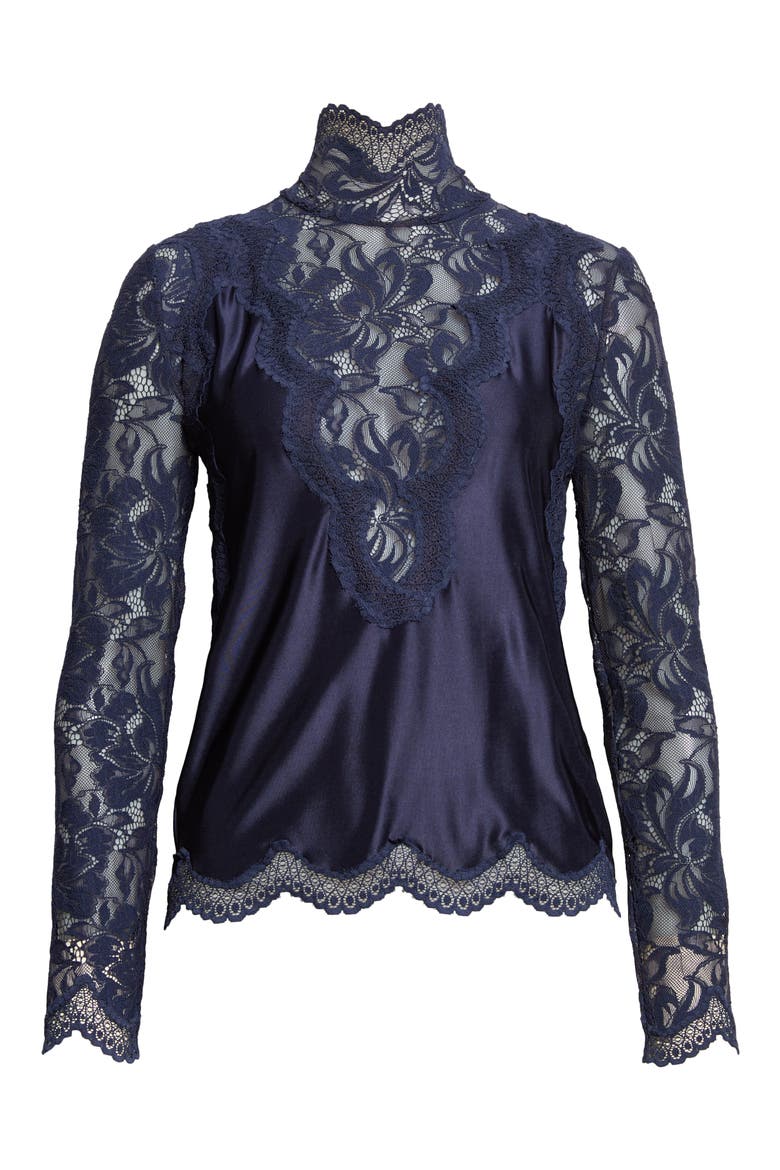 Lace & Jersey Long Sleeve Top, Alternate, color, DEEP NAVY