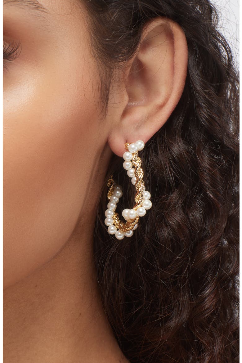 Faux Pearl Rope Twist Hoop Earrings, Alternate, color, PEARL