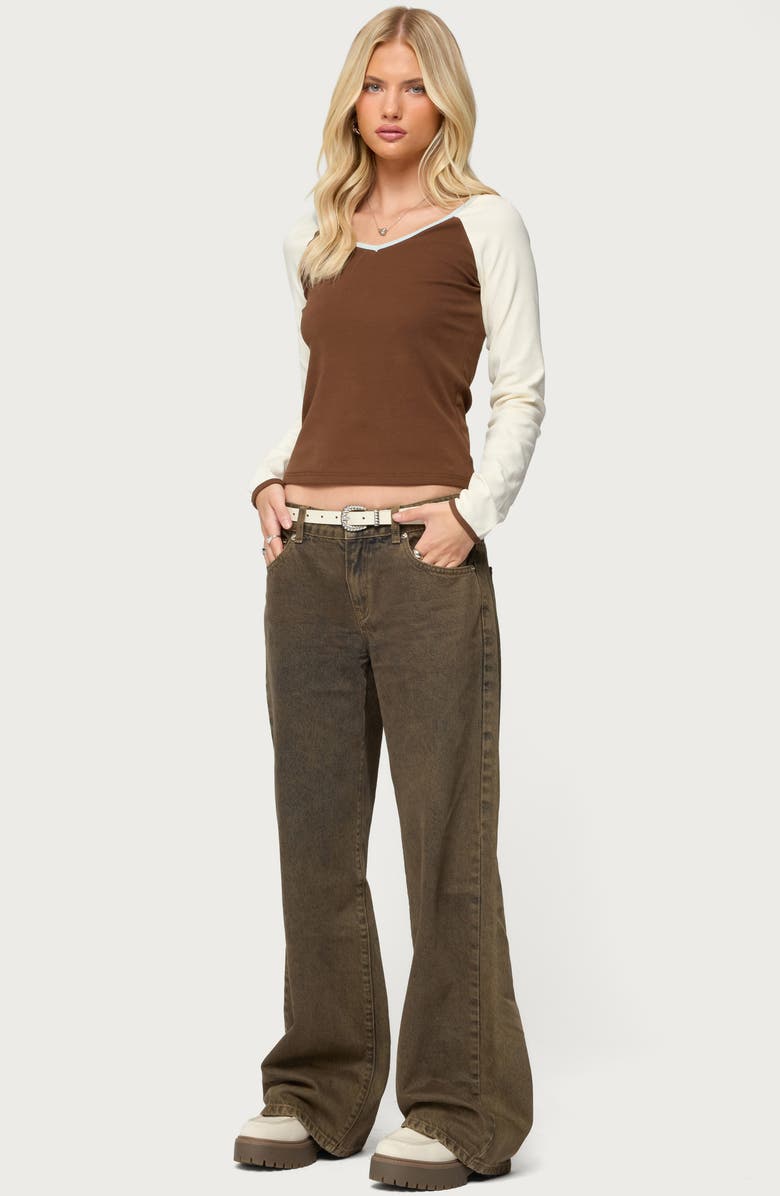 EDIKTED Ronie Contrast Raglan Sleeve Stretch Cotton T-Shirt, Alternate, color, Brown