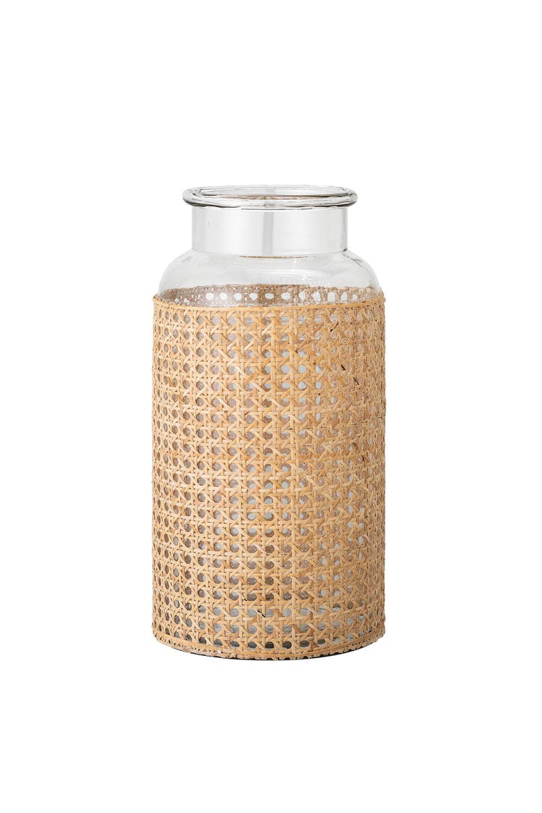 Round Glass Tall Vase with Decorative Cane Sleeve, Clear and Natural, Main, color, Natural