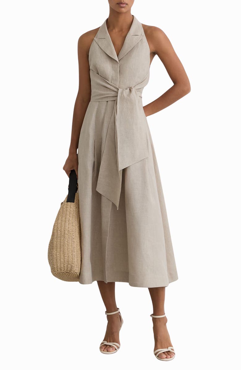 Reiss Tara Sleeveless Linen Midi Dress, Main, color, Neutral