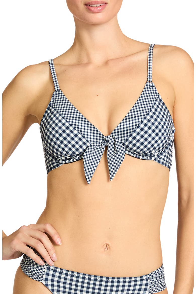 Brigitte Tie Front Underwire Bikini Top, Main, color, NAVY/ CREAM