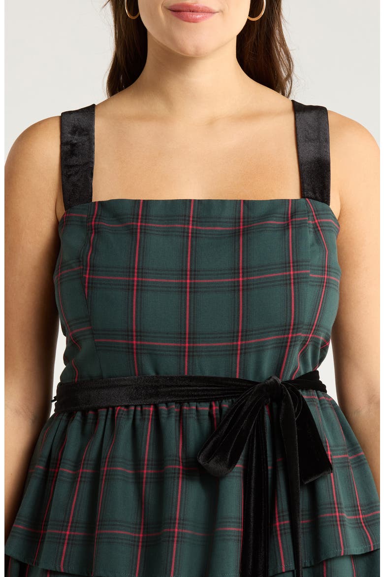 Brook Plaid Velvet Tiered Midi Dress, Alternate, color, GREEN-MULTI