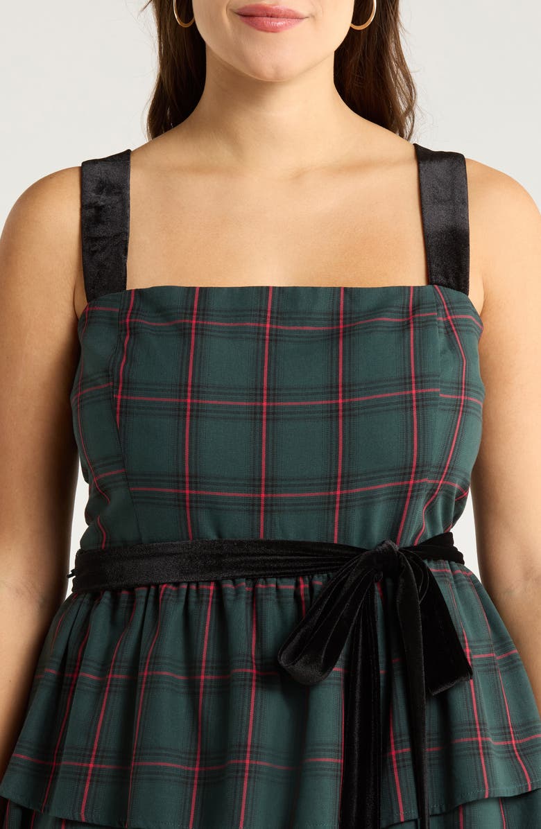SUGARLIPS Brook Plaid Velvet Tiered Midi Dress, Alternate, color, Green-Multi