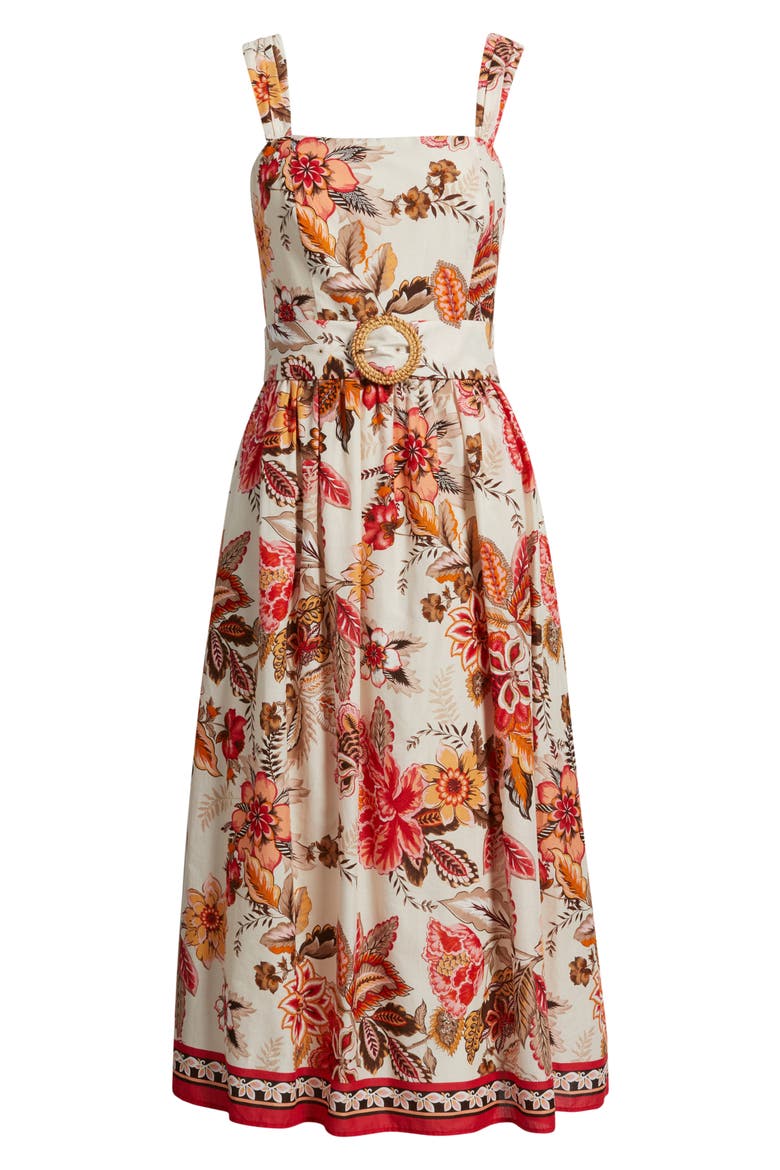 Floral Print Midi Sundress, Alternate, color, ALMOND KHAKI/ RED
