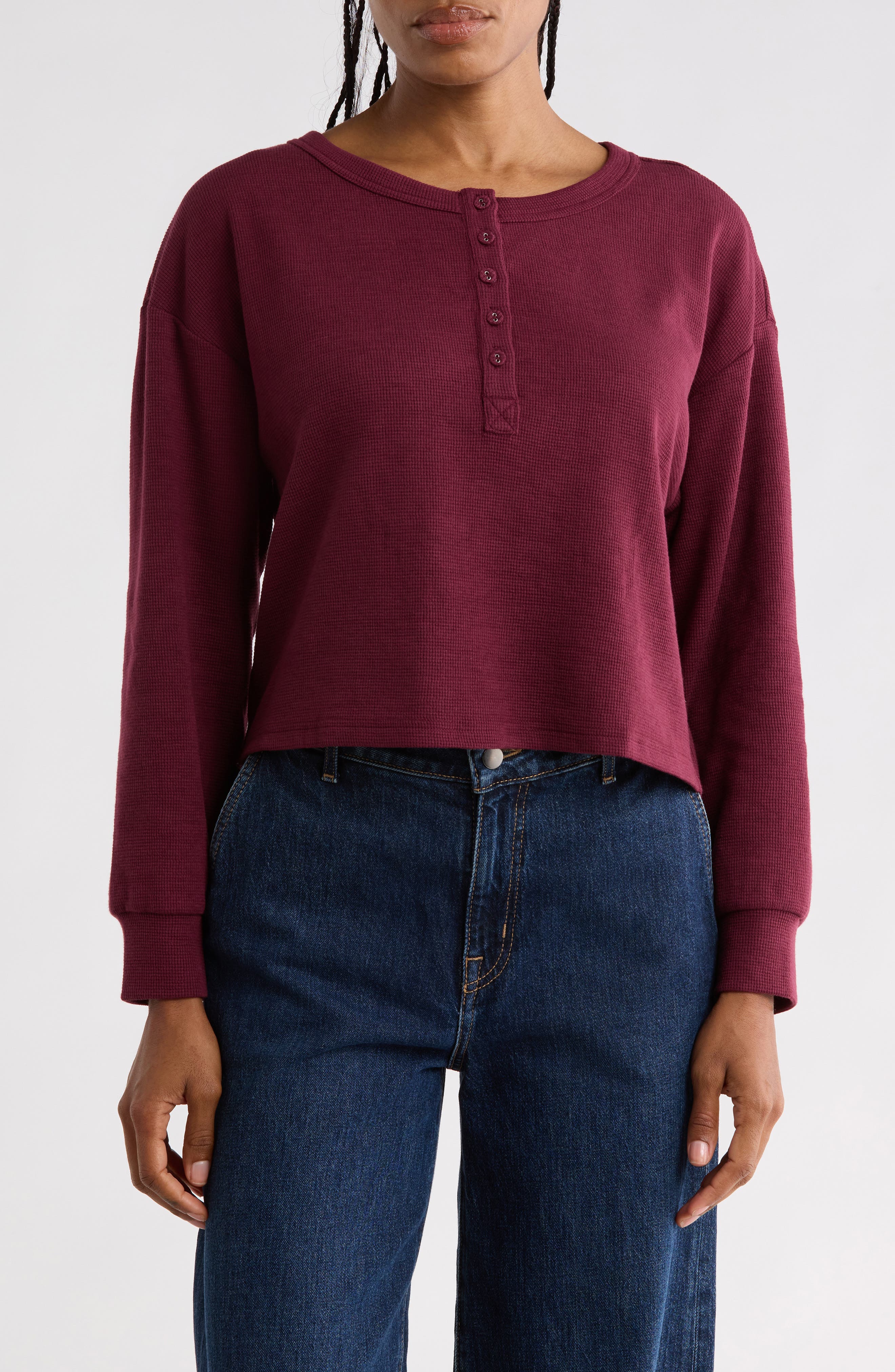 Lush Waffle Knit Cropped Henley Tee In Mulberry