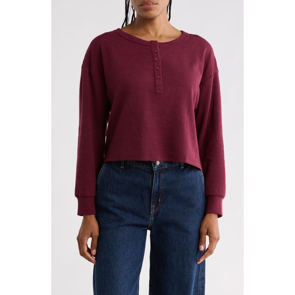Lush Waffle Knit Cropped Henley Tee In Mulberry