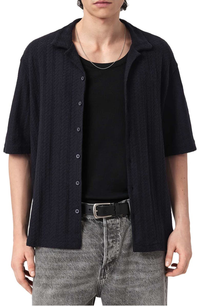 AllSaints Trace Textured Cotton Camp Shirt, Alternate, color, Jet Black