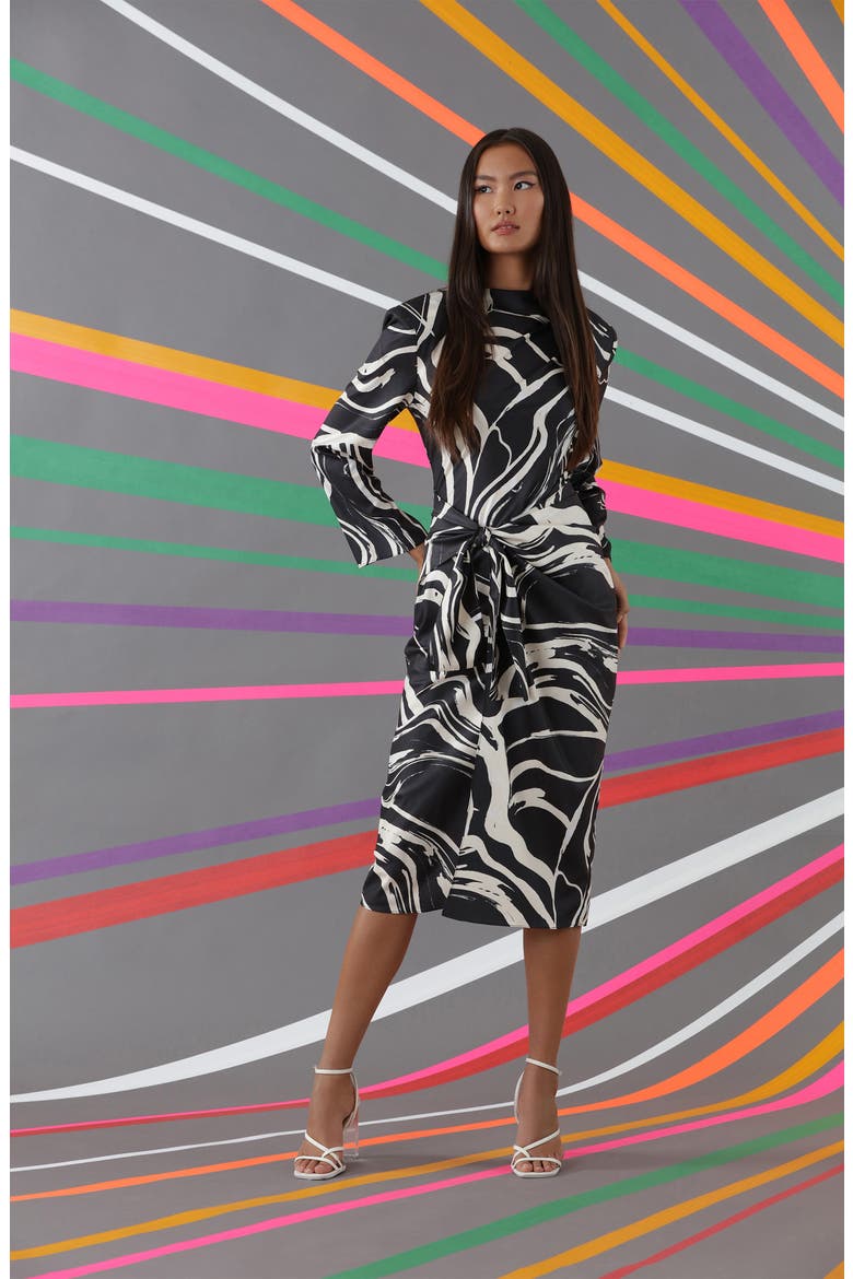 Tie Waist High Neck Long Sleeve Midi Dress, Alternate, color, BLACK/ CREAM