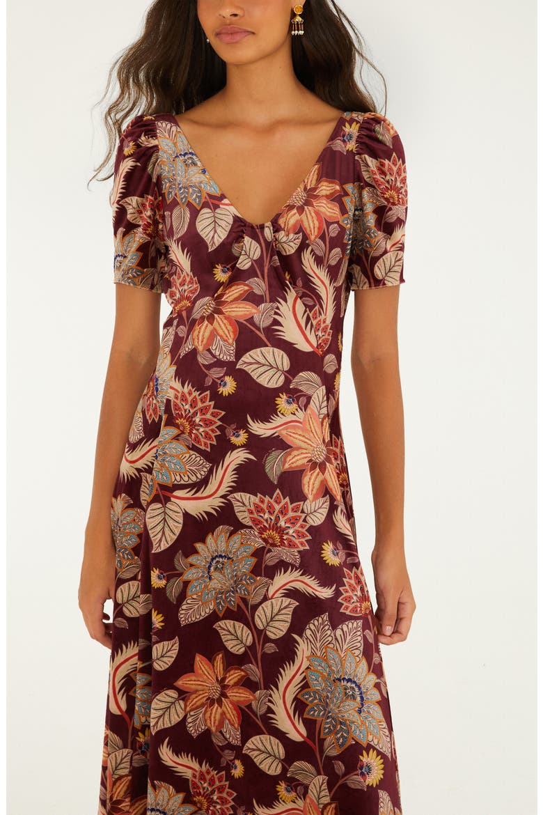 Delhi Floral Stretch Velvet Midi Dress, Alternate, color, DELHI FLORAL BURGUND