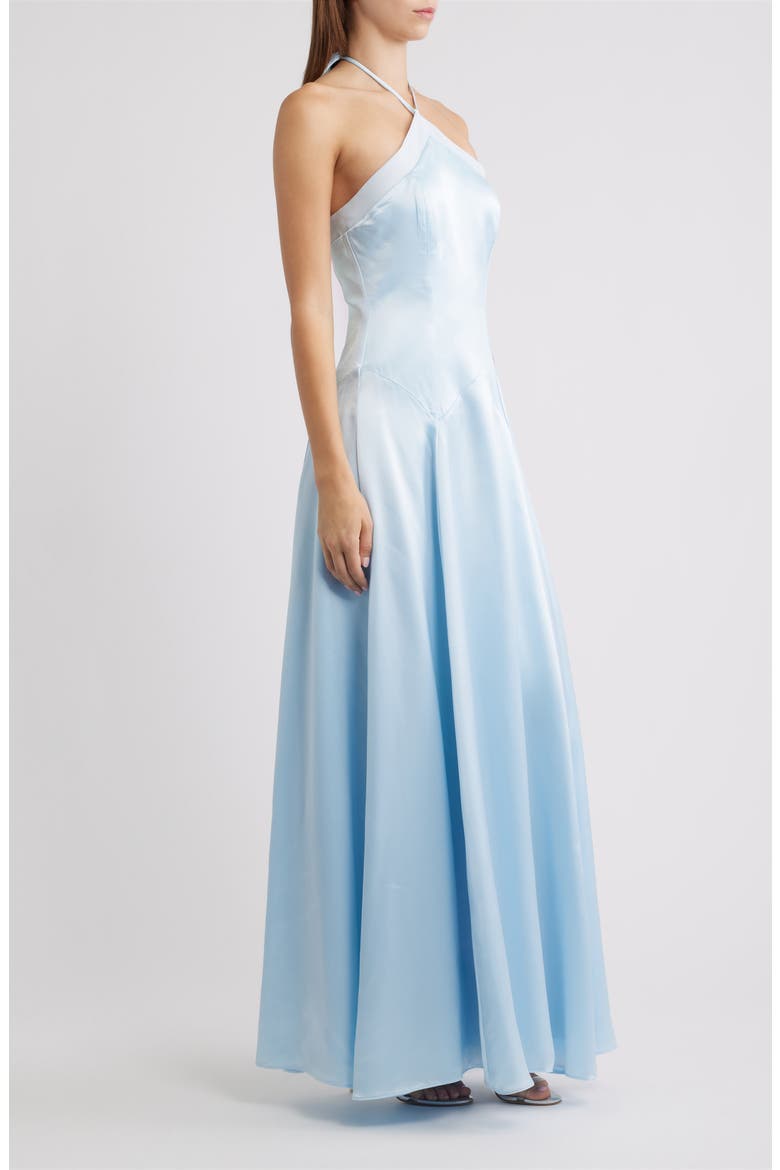 Avelina Halter Neck Godet Satin Maxi Gown, Alternate, color, BLUE