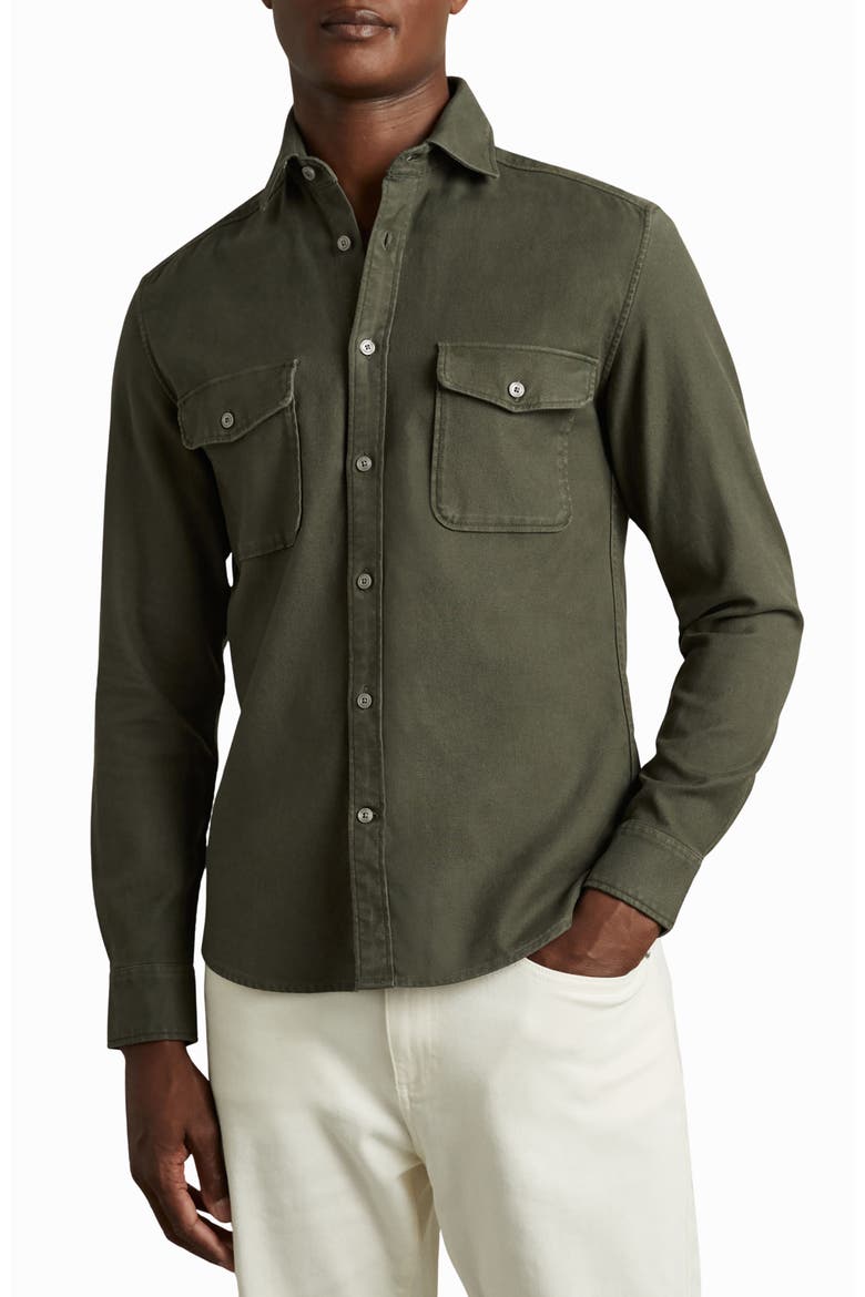 Caparazzo Brushed Stretch Cotton Button-Up Shirt, Main, color, KHAKI GREEN