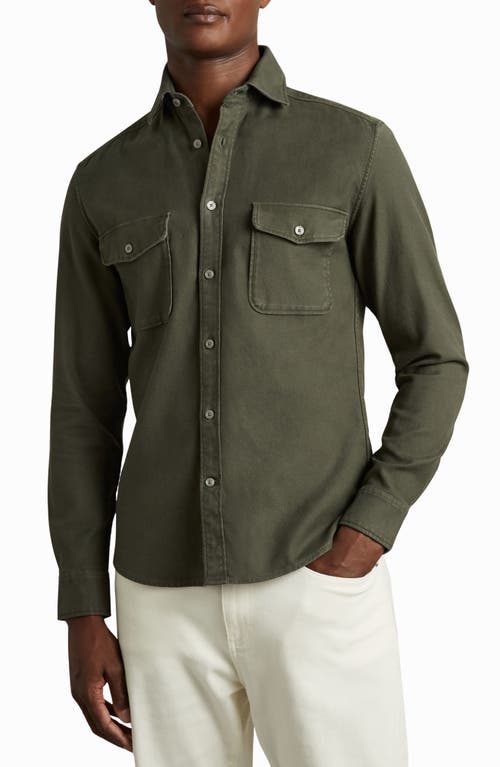 Reiss Caparazzo Brushed Stretch Cotton Button-Up Shirt in Khaki Green 