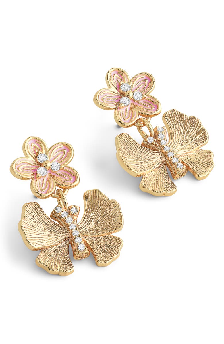 Anabel Aram Jewelry Butterfly with Enamel Flower Drop Earrings, Alternate, color, Gold/ Pink