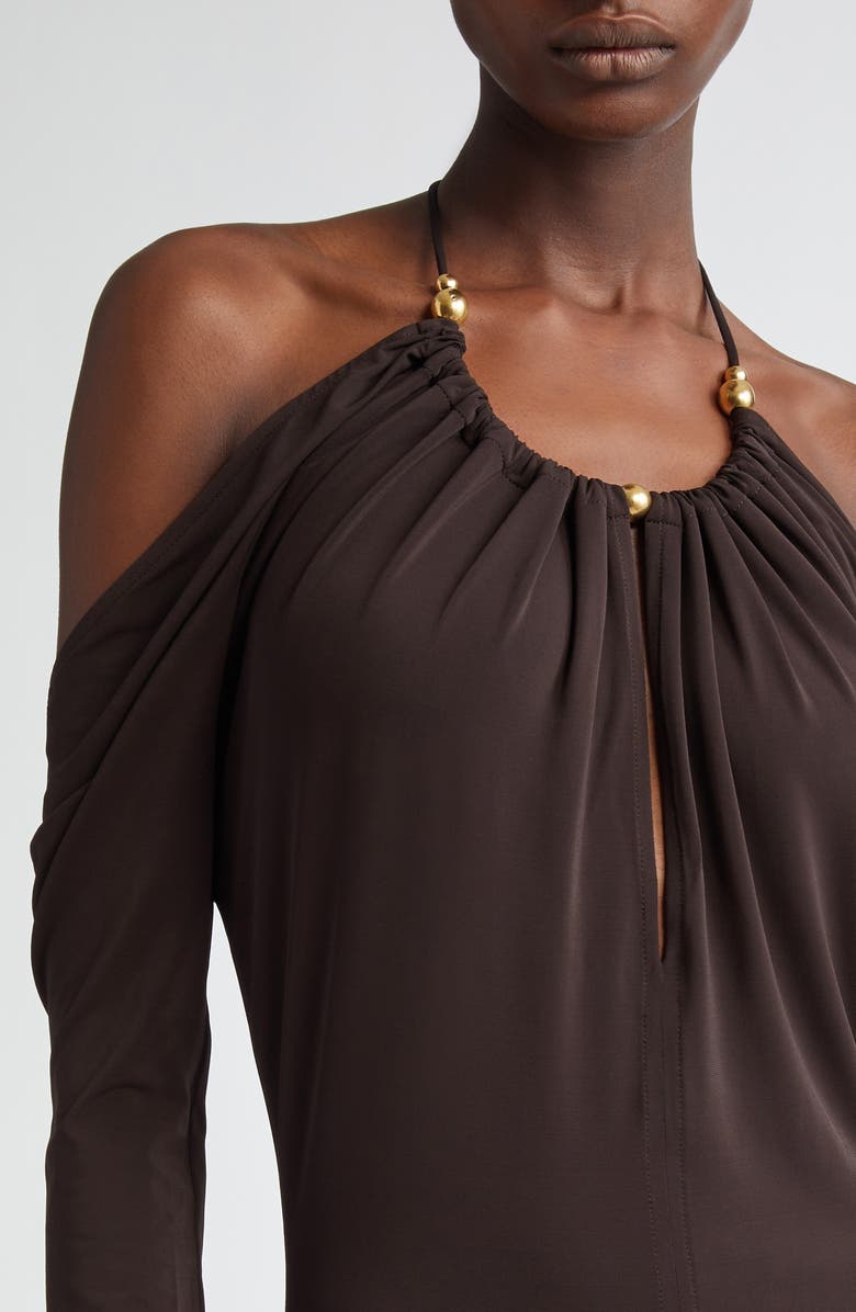 FERRAGAMO Cold Shoulder Long Sleeve Crepe Jersey Halter Dress, Alternate, color, 