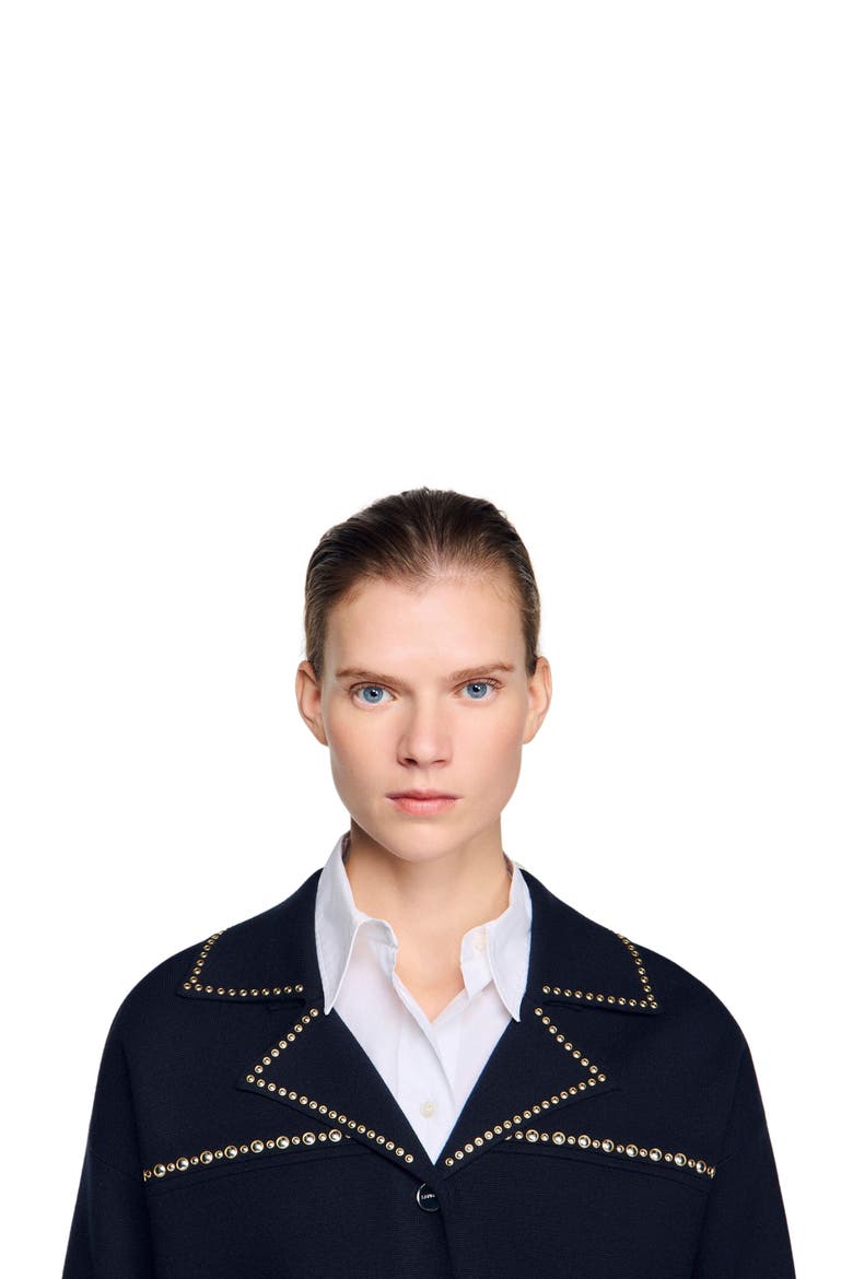 Studded blazer collar cardigan, Alternate, color, Navy blue