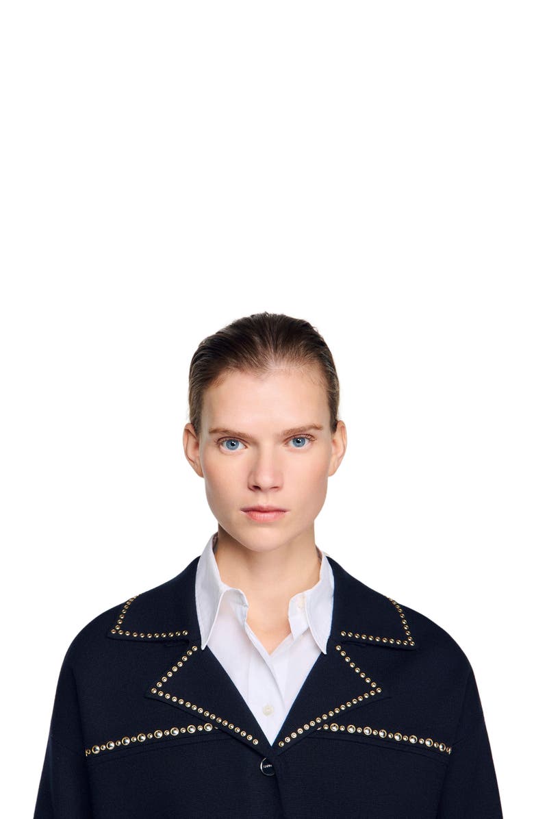 SANDRO Studded blazer collar cardigan, Alternate, color, Navy Blue