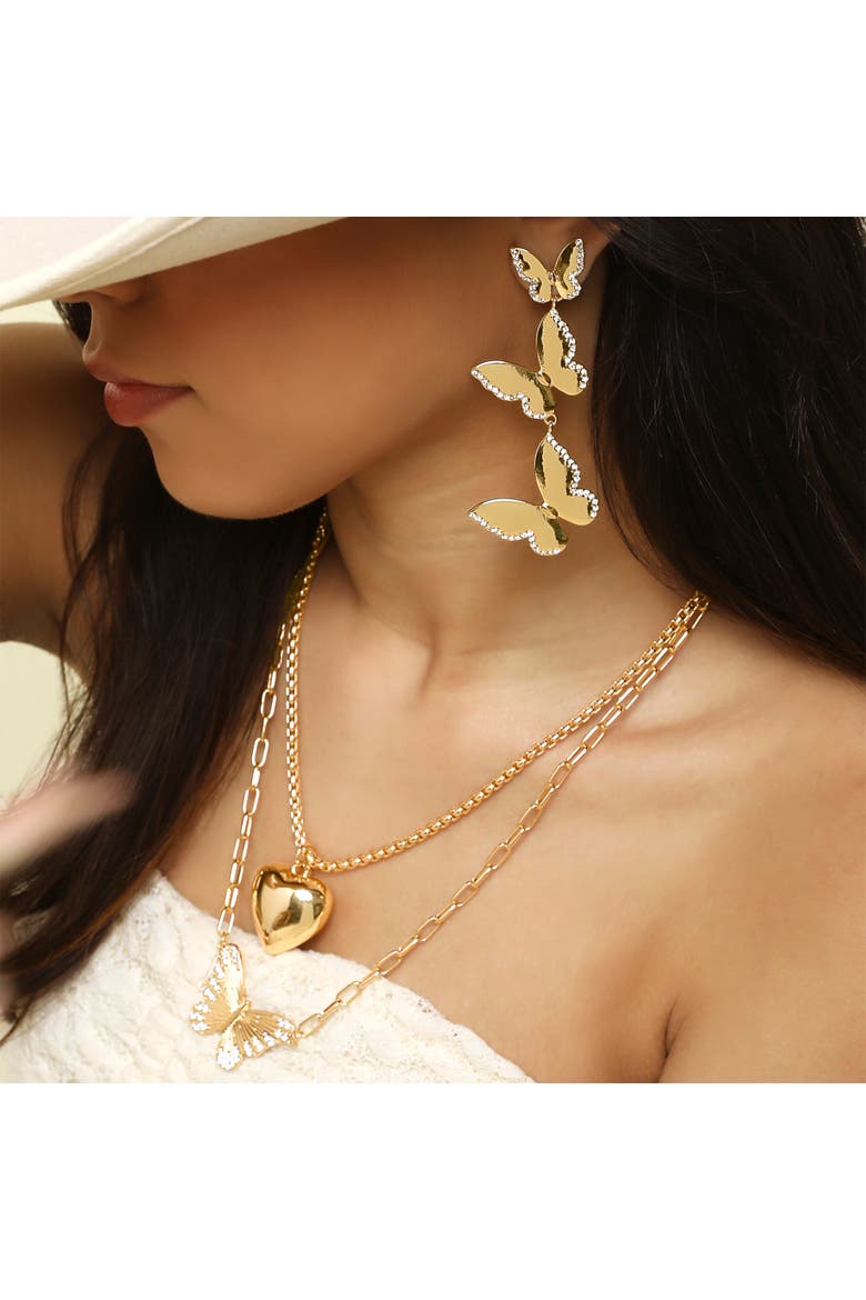 Butterfly and Heart Layered Necklace, Alternate, color, Gold