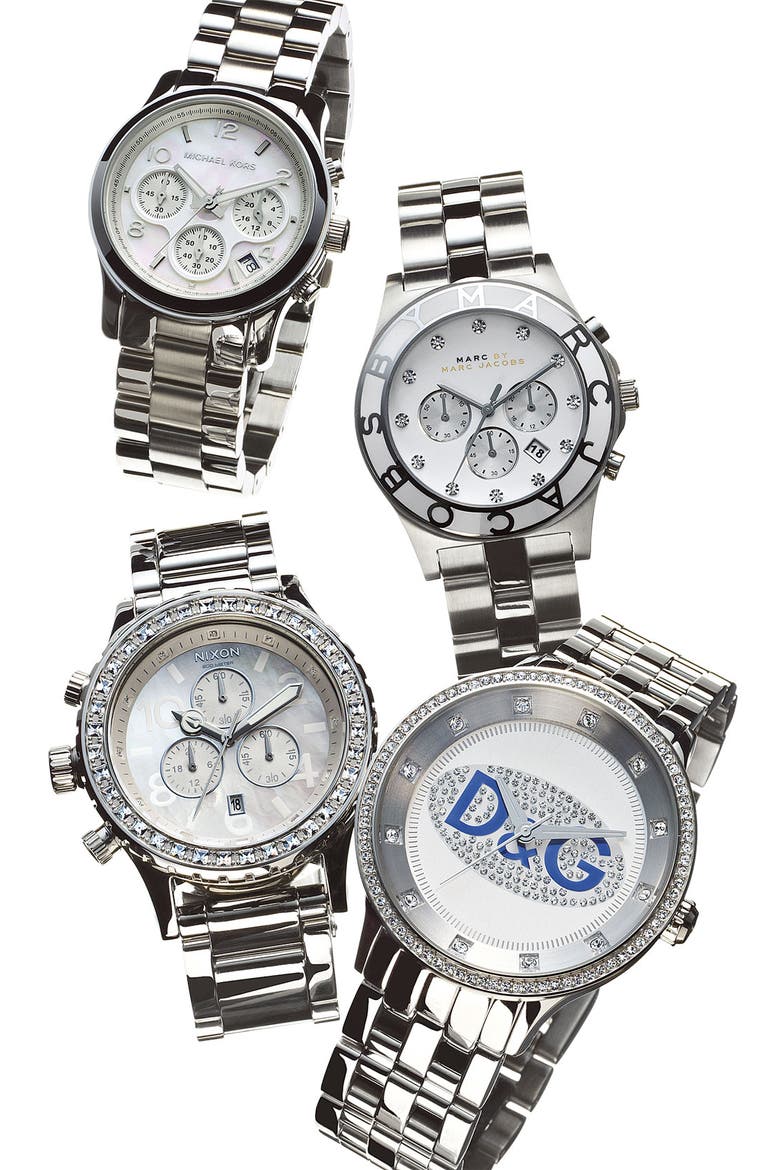 'Runway' Mother of Pearl Chronograph Watch, 38mm, Alternate, color, MOP/ SILVER
