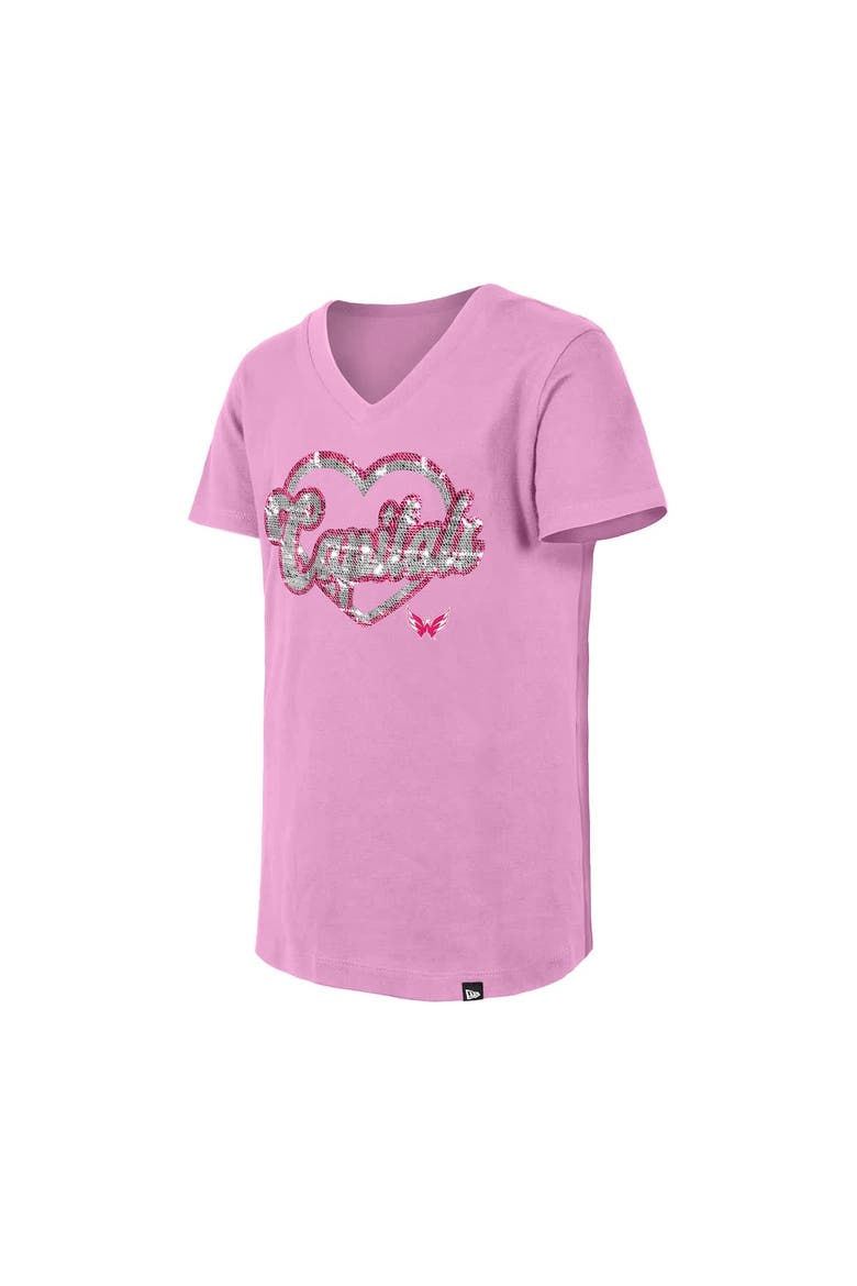 Girl's Youth New Era  Pink Washington Capitals Flip Sequin V-Neck T-Shirt, Alternate, color, Pink