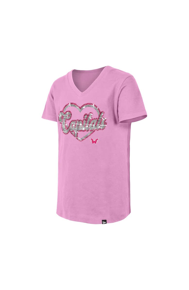New Era Girl's Youth New Era Pink Washington Capitals Flip Sequin V-Neck T-Shirt, Alternate, color, Pink