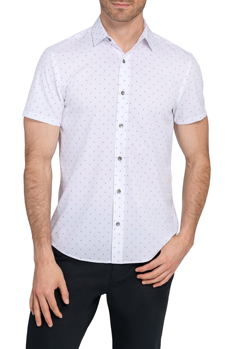 Trim Fit Abstract Star Print Short Sleeve Performance Button-Up Shirt, Main, color, WHITE/ BLACK
