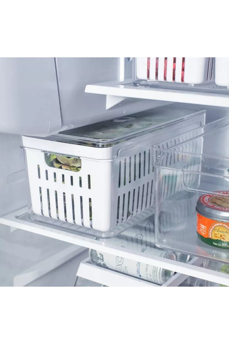 Clear Stackable Fridge Organizer Bin with Drain Basket and Vented Lid, 4 Pack, Alternate, color, Clear with White Drainer