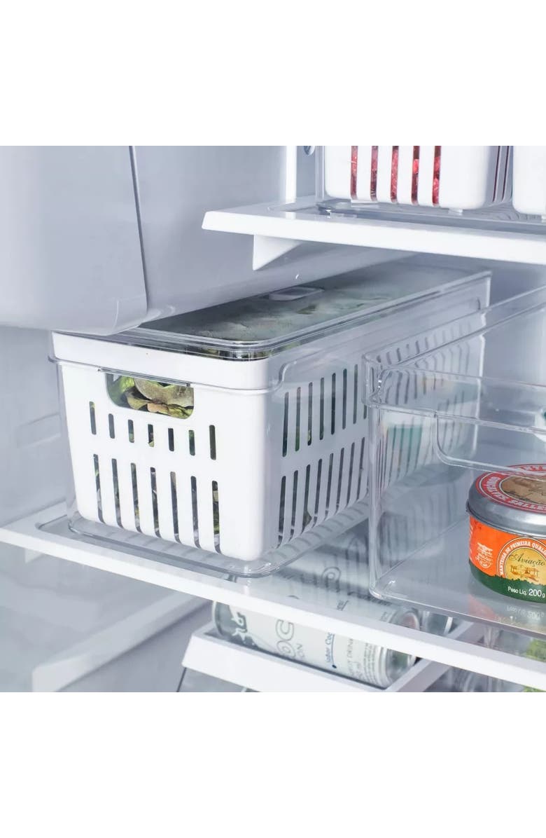 OU Clear Stackable Fridge Organizer Bin with Drain Basket and Vented Lid, 4 Pack, Alternate, color, Clear With White Drainer